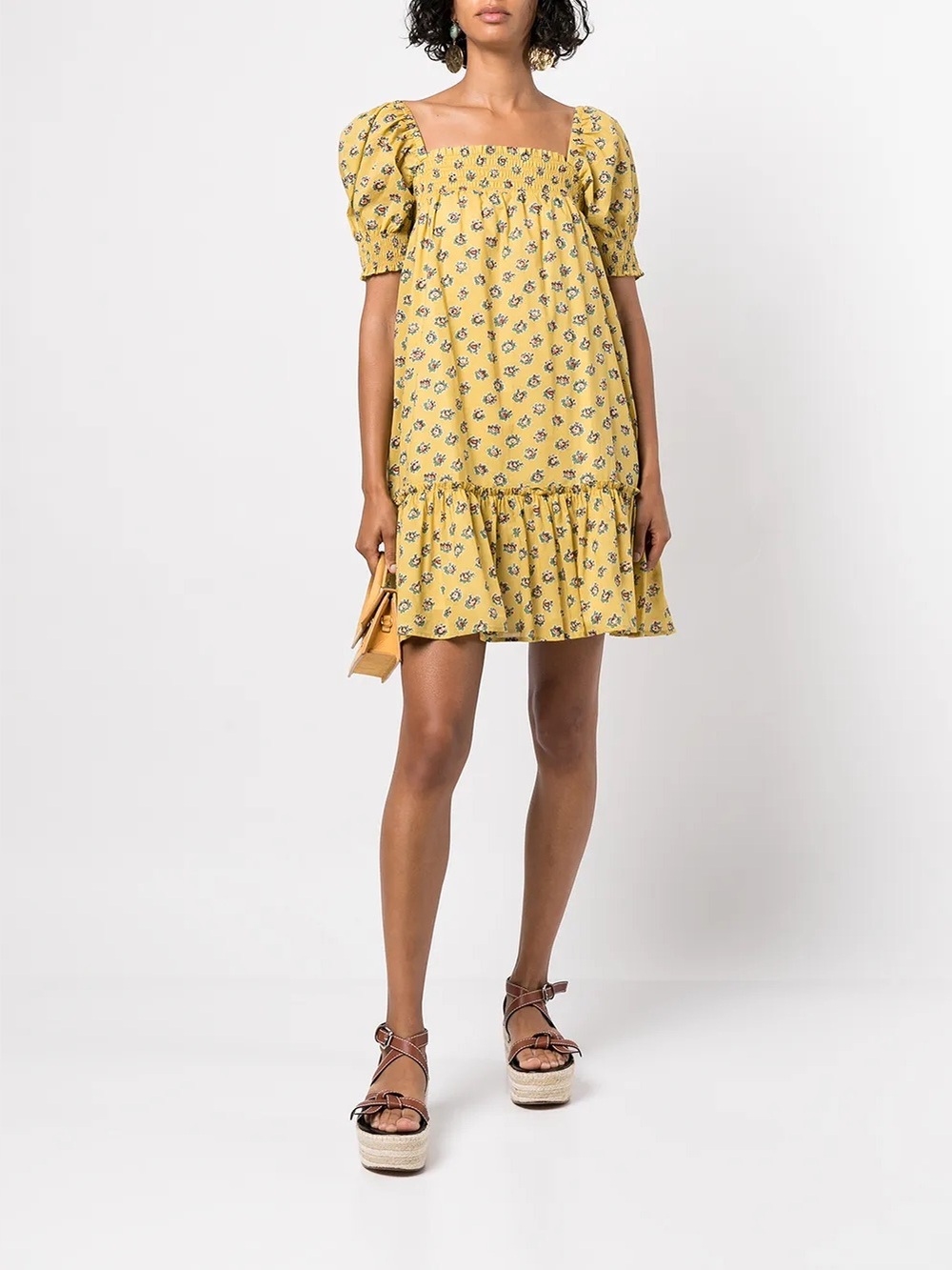 Tory Burch Yellow Floral Smocked Square-Neck Mini Dress NWOT
